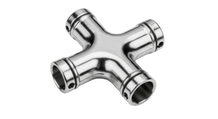 Shiny Stainless Steel 4-Way Tube Connector Hardware Product Shot Isolated on White