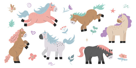Adorable pastel pony clipart collection in doodle style with hand-drawn horses and floral elements, great for childrens designs, nursery art, greeting cards, patterns, baby prints and whimsical decor.