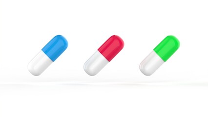 Three antibiotics pills on white background. Medical concept. 