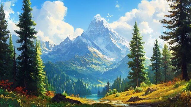 Majestic mountain peak surrounded by lush evergreen forest and dramatic clouds