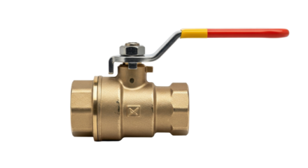 Commercial Brass Ball Valve Product Shot Isolated on White with Red and Yellow Handle