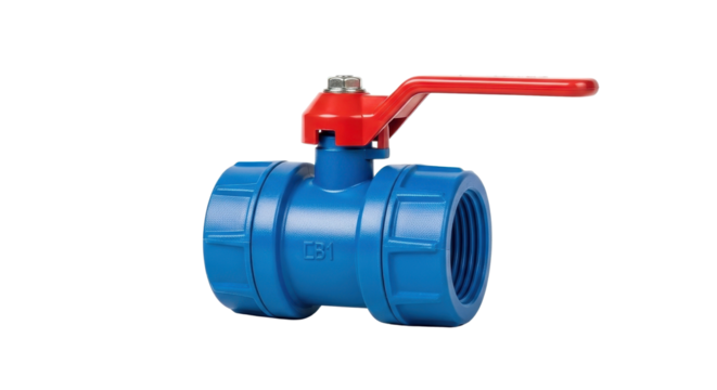 Blue Plastic PVC Ball Valve with Red Handle Isolated Product Shot on White