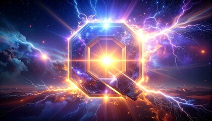 A glowing, octagonal letter "Q" bursts with light amid a swirling cosmic background of lightning, clouds, and stars. The letter appears metallic