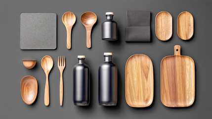 Kitchen essentials assortment overhead view rustic wooden utensils and modern bottles