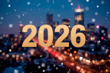 New Year celebration countdown in a city with snowflakes for 2026