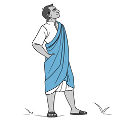 A stylized illustration of a man wearing traditional indian attire with a blue draped cloth looking upwards with a thoughtful expression