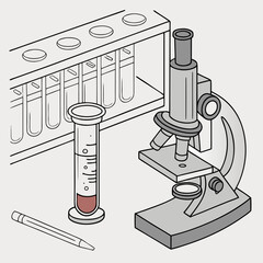 Illustration of scientific laboratory equipment including a microscope test tubes in a rack a graduated cylinder with liquid and a pencil on a light background