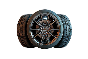 Three car tires with dark rims, aligned, against a black background