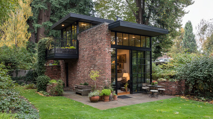 A modern cottage blends brick and black steel with large glass windows, featuring a rooftop patio and a lush garden with stone steps and an outdoor seating area.