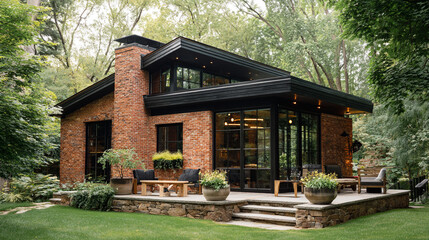 A modern cottage blends brick and black steel with large glass windows, featuring a rooftop patio and a lush garden with stone steps and an outdoor seating area.