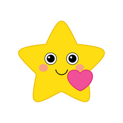 Kawaii shining yellow star holding pink heart vector illustration isolated on white background
