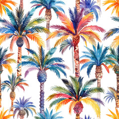Tropical Palms Pattern: A vibrant and colorful illustration of tropical palm trees creates a lively and exotic repeating pattern, perfect for bringing a touch of the tropics to any design.