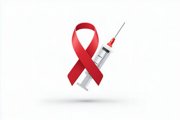 Red Ribbon with Syringe Symbol – HIV AIDS Awareness and Vaccination Medical Concept