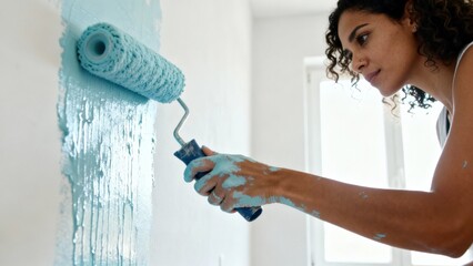 A young Hispanic woman with curly hair paints a wall with a blue roller. The room is bright and airy, with natural light coming through a window.