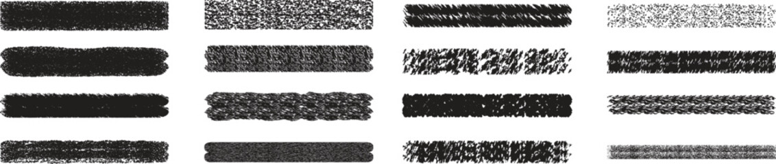 Obraz premium Grunge marker brush strokes set in black ink with varied textures and rough edges. Hand-drawn lines perfect for digital art, design accents, or backgrounds. Ideal for posters, typography, and grunge 