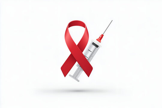 Red Ribbon with Syringe Symbol – HIV AIDS Awareness and Vaccination Medical Concept