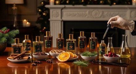 Luxury Cosmetic Product Shot of Aromatic Essential Oils, Holiday Ingredients, and Hand with Dropper