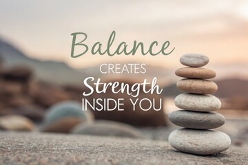Stacked pebbles promoting balance and strength with inspirational words