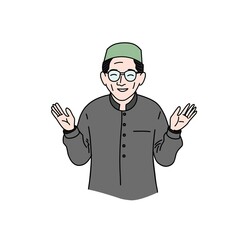 Elderly Muslim man smiling and waving hands illustration