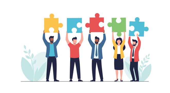 Diverse group of people holding puzzle pieces together to symbolize teamwork and collaboration.
