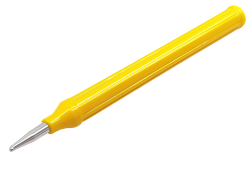 Yellow handled awl with silver tip on black background