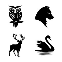 Four different animal silhouettes owl, bear, deer, and swan
