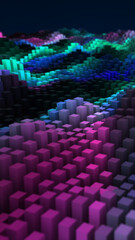 Colorful 3D landscape composed of small cube blocks in vibrant gradient tones, creating a voxel terrain effect