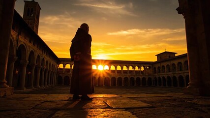 A silhouetted monk stands in a monastery cloister during a golden sunset, with sunbeams radiating from the horizon. - Powered by Adobe