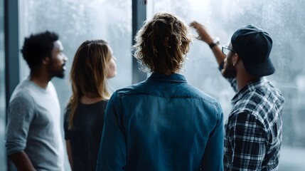 Obraz premium Diverse startup team brainstorming ideas while looking out a large window