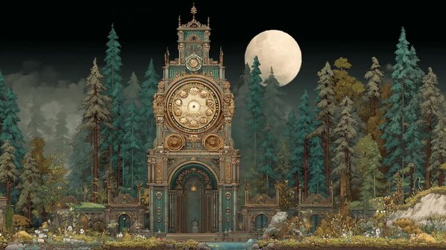 Ornate clock tower in a lush forest under a full moon at night