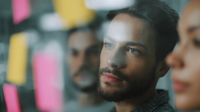 A diverse team collaborates and brainstorms ideas using sticky notes on a glass wall in a modern office setting