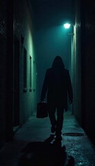Mysterious Figure in Dark Alleyway, Clutching Briefcase - Shadowy Spy Thriller Image