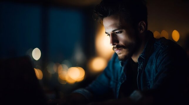 Focused man working on laptop at night with city lights bokeh