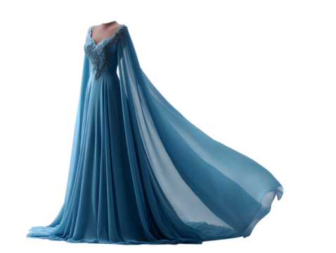 Ethereal Gown: An elegant, flowing blue gown, with a delicate, beaded bodice and sheer, billowing sleeves, perfect for a special event. 