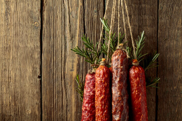 Smoked and dry cured sausages on a old wooden background.
