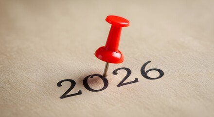 single, vibrant red push pin firmly marking the distinct numbers '2026' handwritten or subtly printed on a piece of natural, textured brown kraft paper