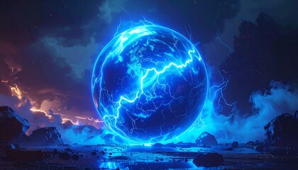 A glowing orb, crackling with bright blue electricity, is suspended amidst stormy skies and rocky terrain. The scene is dramatic, with vibrant colours