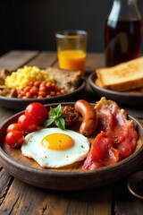 A Hearty Full English Breakfast Rustic Wooden Table Setting with Bacon, Sausages, Eggs, Beans, Tomatoes, Mushrooms, Toast & Black Pudding - Perfect Morning Meal