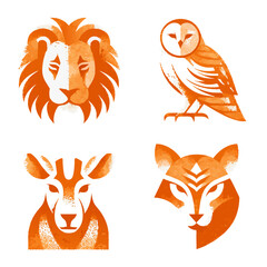 Four abstract animal icons lion, owl, deer, and tiger