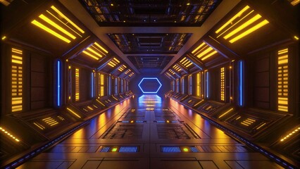 Futuristic scifi spaceship corridor with glowing neon blue and yellow lights, digital art