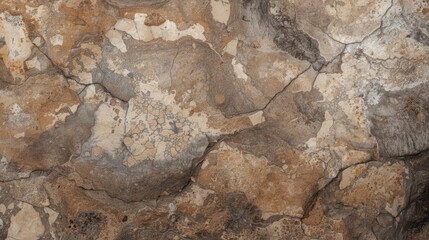 Fototapeta premium Detailed close up of abstract cracked brown and beige stone rock texture with weathered surface, ideal for backgrounds and wallpapers.