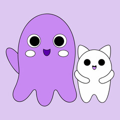 Adorable cartoon ghost and cat companions holding hands vector illustration isolated on white background
