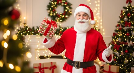Smiling Santa Claus holds a wrapped gift in a festive room with Christmas tree and decorations.