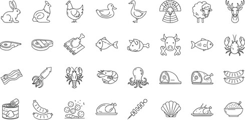 Animals, meat, seafood, poultry, rabbit, hen, duck, fish, lobster, crab, bacon, sausage icons, black and white vector set, outline