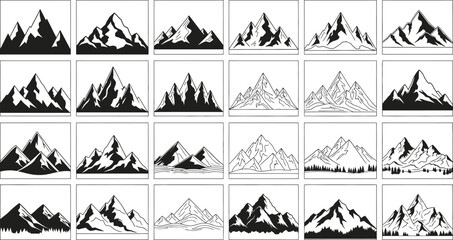 Fototapeta premium Assorted Mountain Silhouette Icon Set, Peaks Range, Landscape, Minimalist Design,