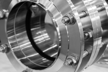 Stainless steel shiny rings connected with long bolts as part of industrial piping system, industrial concept background.