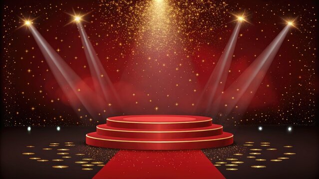 Red carpet stage with spotlights and falling gold confetti, award ceremony or performance backdrop - Powered by Adobe