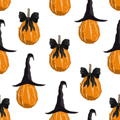 Charming autumn pumpkins with a tied black bows and witch hats. Halloween seamless pattern. Vector illustration.