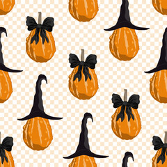 Charming autumn pumpkins with a tied black bows and witch hats on checkered background. Halloween seamless pattern. Vector illustration.