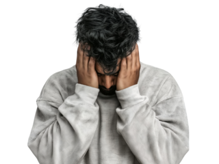 Man holding head in despair isolated on a transparent background